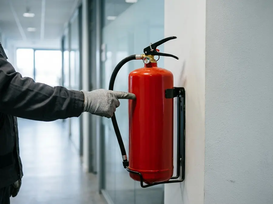 Techniker nimmt einen wandmontierten Feuerlöscher im Bürogebäude auf