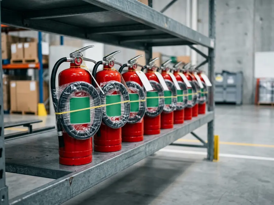 Reihe neuer Feuerlöscher im Lager, bereit zur Auslieferung