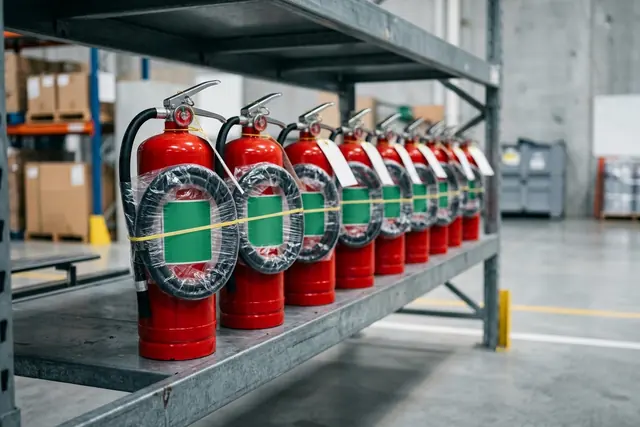 Neue Feuerlöscher im Lager vor der Auslieferung